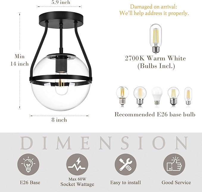Bagood 8 Inch Mid Century Ceiling Light Modern Black Semi Flush Mount Ceiling Light with Clear Glass Shade Globe Semi Flush Mount Ceiling Light Fixture for Bedroom Hallway Bathroom Foyer (Bulb Incl.)