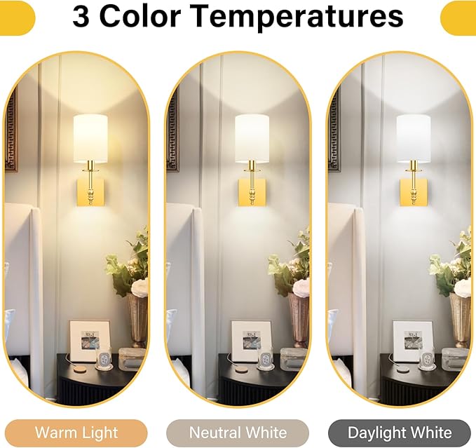 Bosceos 14.5 Inch Battery Operated Wall Sconces Set of 2, Gold Rechargeable Wall Lights with Remote, Wireless Wall Lamps with 15 Color Dimmable Bulbs for Bedroom Living Room Hallway Decor