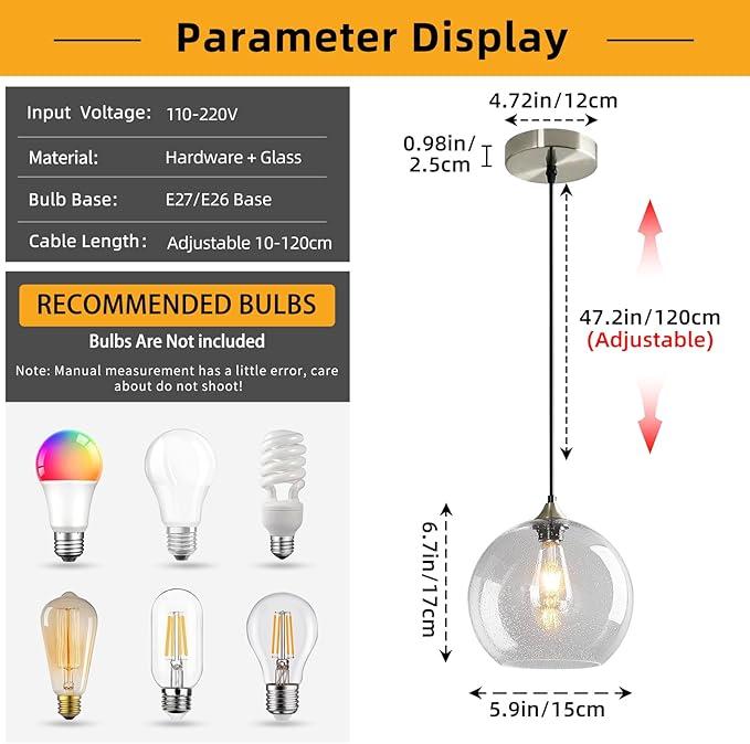 Mikeru Glass Globe Pendant Light Single, 5.9 Inch Clear Bubble Glass Hanging Lamp, Mid Century Modern Pendant Lighting for Kitchen Island Dining Room Bedroom (Bulb Not Included)