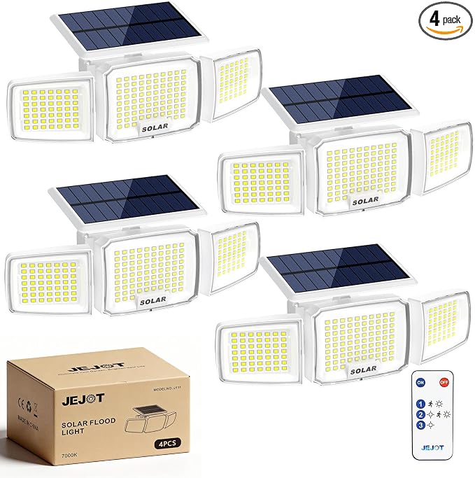JEJOT White Solar Security Light Outdoor Super Bright LED, Motion Sensor Solar Flood Light, 3 Heads 270° Wide Angle, Remote Control,IP65 Waterproof, 3 Modes (4 Packs)