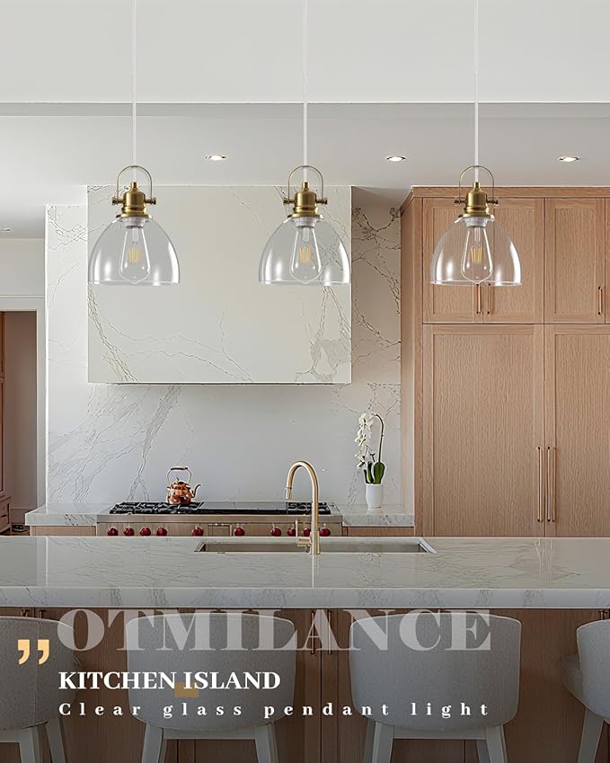 Gold Pendant Lights Kitchen Island 2 Pack, 7.5 inch Farmhouse Glass Pendant Lights, Vintage Gold Glass Pendant Light, Island Pendant Lights for Dining Rooms, Living Room, Bar