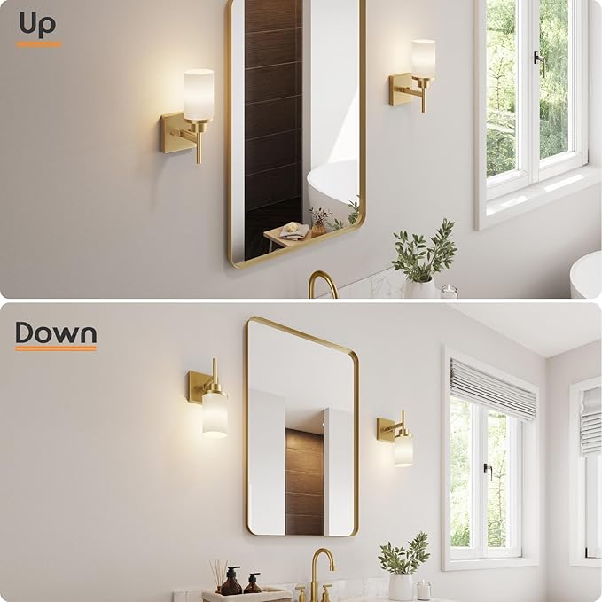 Vanity Lighting Fixtures with White Frosted Glass Gold Wall Lamp for Bathroom Mirror Bedroom, Living Room, Kitchen Cabinet, Washroom Porch T001GD-L1