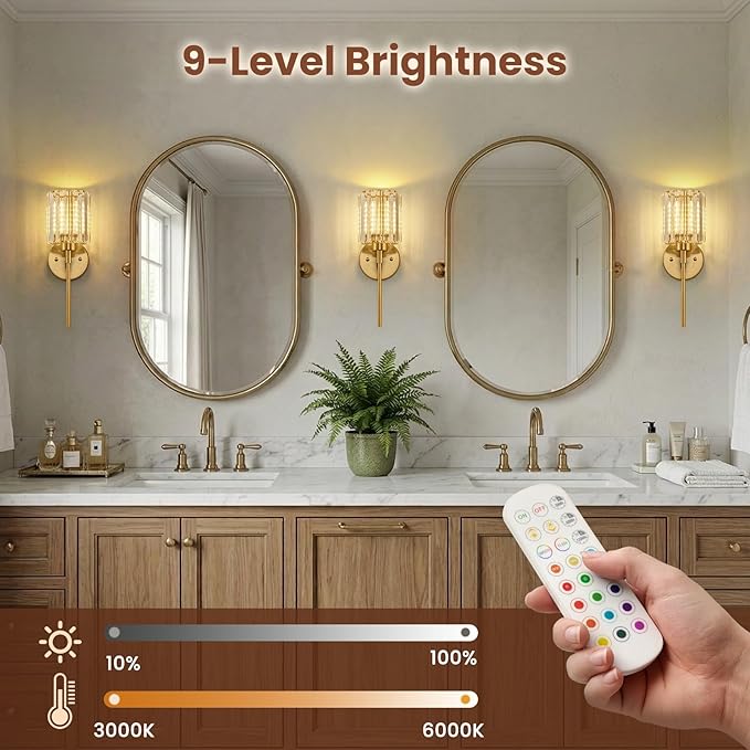 Crystal Battery Operated Wall Sconces, Brushed Gold Rechargeable Wireless Wall Sconce Lights with Dimmable Bulbs and Remote, 12 Colors and 3CCT Dimmable Crystal Lamps for Living Bedroom, 3000~6000K