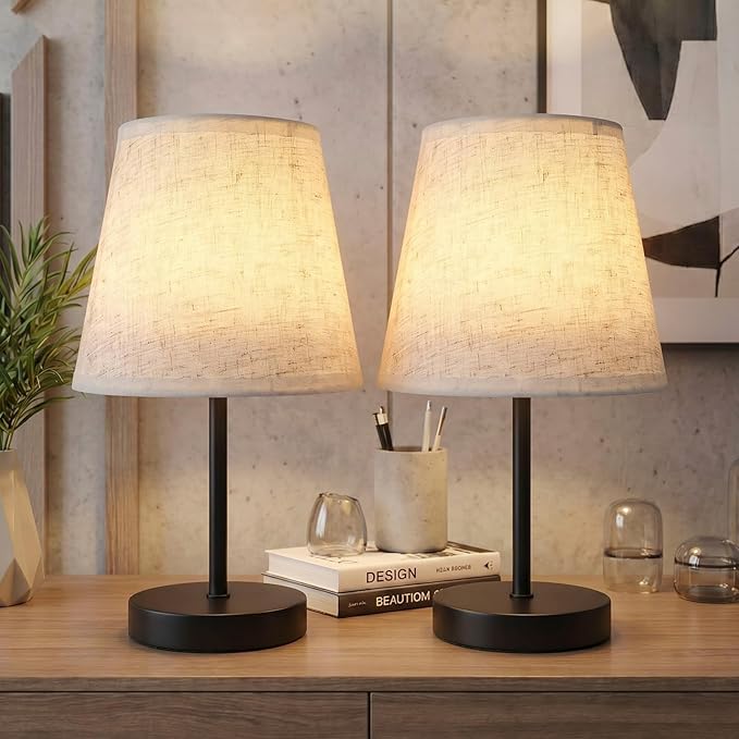 Gerrii 4 Pcs Small Bedside Table Lamp, Wooden Bedroom Tiny Lamp with Linen Shade, Mini Desk Night Light for Bedroom, Living Room, Kids Room Kitchen Counter(Black)