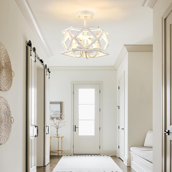 Antique White Semi Flush Mount Ceiling Light, Modern Foyer Lighting Fixture, 4-Light Metal Ceiling Lamp, Small Farmhouse Chandelier for Hallway Entryway Porch Bedroom Kitchen
