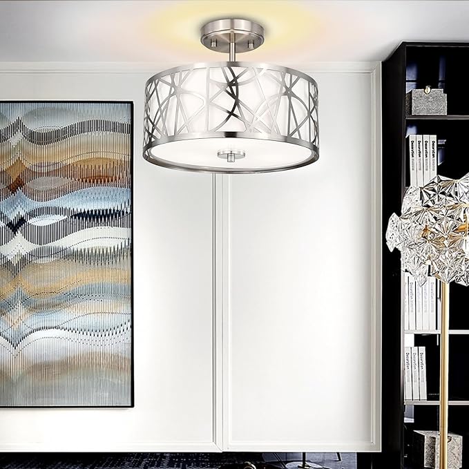 3-Light Semi Flush Mount Ceiling Light, 12.6" Drum Light with White Fabric Shade, Modern Close to Ceiling Lamp for Living Room Bedroom Dining Kitchen Hallway Entry Foyer (Brushed Nickel)