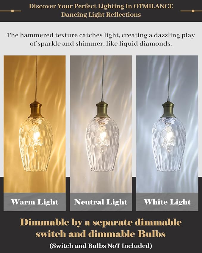 Gold Pendant Lights Kitchen Island, 6.3” Blown Hammered Glass Pendant Lights, Vintage Clear Glass Pendant Light 2-Pack, Modern Pendant Light for Kitchen Island, Dining Room, Bathroom，Cafe