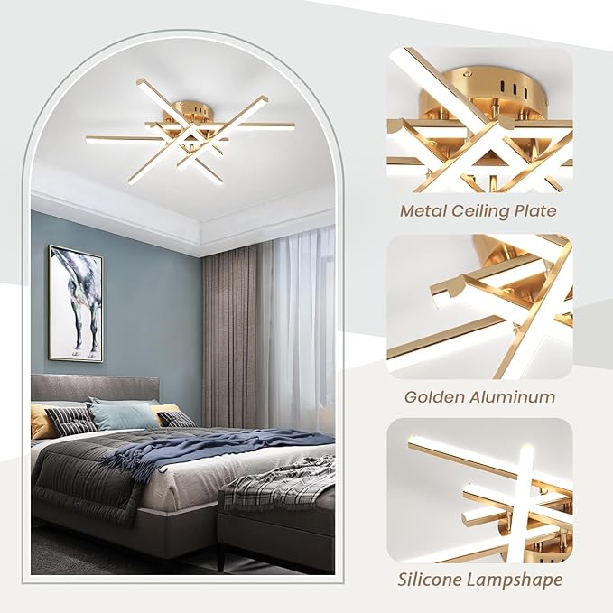 CANEOE Modern Led Ceiling Light,6-Lights Gold Sputnik Semi Flush Mount Ceiling Light, Modern Chandelier Ceiling Lighting Fixtures for Bedroom Living Room Dining Room Kitchen Office Ceiling Lamp