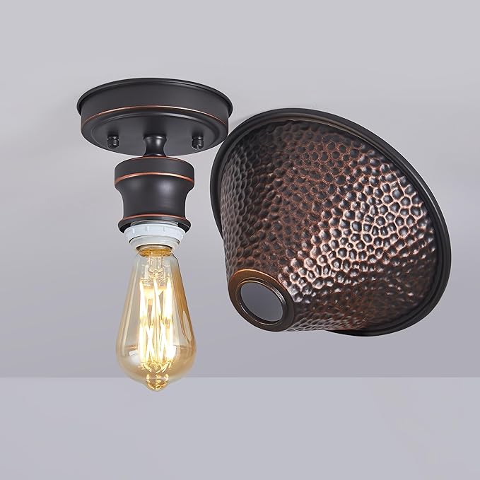 Tarentlight 9.2" Industrial Semi Flush Mount Ceiling Light,Vintage Hammered Pattern Cast Aluminum Shade,1-Light E26 Classic Lamp,Oil Rubbed Bronze Farmhouse Lighting for Hallway Kitchen Entryway.