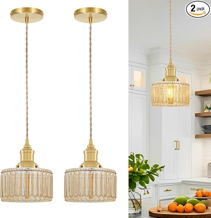 Rustic Pendant Light Set of 2, Brushed Gold Pendant Lights Kitchen Island with Amber Glass Shade, Brass Kitchen Pendant Lighting over Island, Adjustable Hanging Light for Hallway Bathroom Dining Room