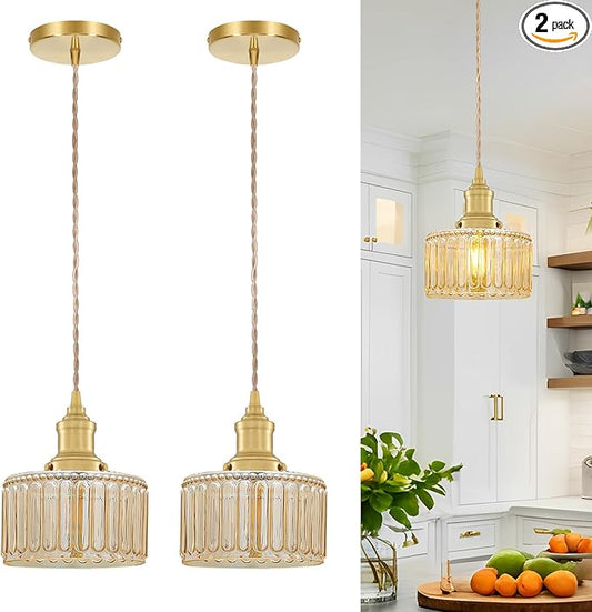 Rustic Pendant Light Set of 2, Brushed Gold Pendant Lights Kitchen Island with Amber Glass Shade, Brass Kitchen Pendant Lighting over Island, Adjustable Hanging Light for Hallway Bathroom Dining Room