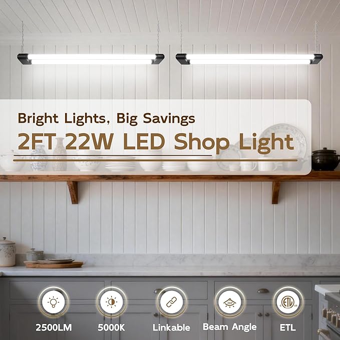 hykolity 4 Pack 2FT LED Shop Lights, 22W (200W Equivalent) 2400LM, 5000K Daylight White, Linkable Garage Light for Ceiling, Workshop, Basement, Hanging or Surface Mount with Plug,Black - ETL