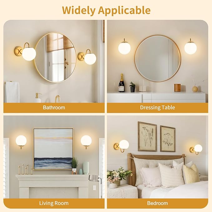 2-Pack Wall Sconce for Bathroom, Vintage Brushed Gold Vanity Lights, Wall Mount Light Fixtures With Milk Glass Globe Shade, Indoor Wall Lights Fixture for Bedroom Living Room Mirror Hallway(G9 Incl.)