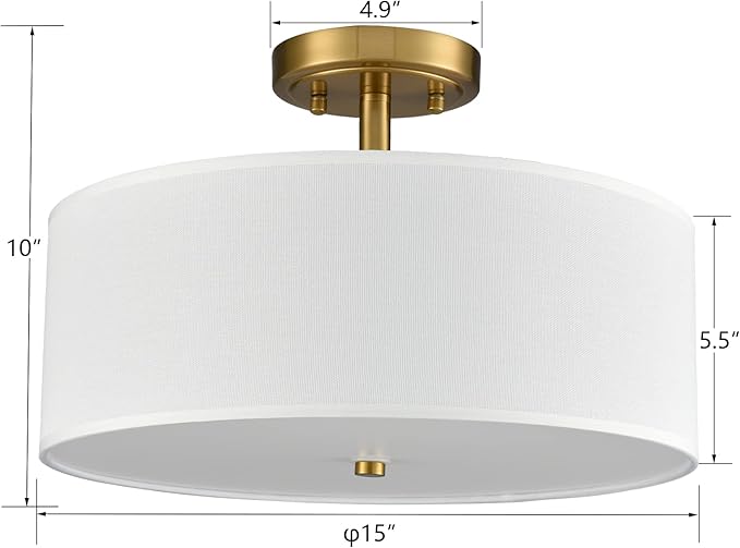 Dimmable Gold Semi Flush Mount Ceiling Light with Drum Shade Ceiling Light Fixture 30W 3000K/4500K/5500K Brass LED Flush Mount Light for Bedroom Hallway Living Room, 15-Inch