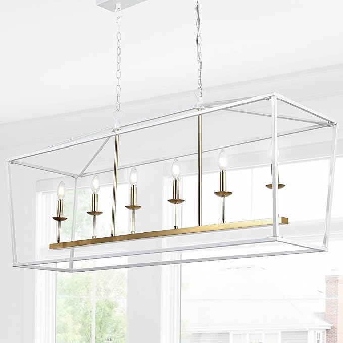 JONATHAN Y 49" White/Brass Gold Lantern Pendant Light, 1-Light Pagoda Style Metal Cage Farmhouse Hanging Ceiling Fixture for Kitchen Island, LED Bulb Included (JYL7439E)