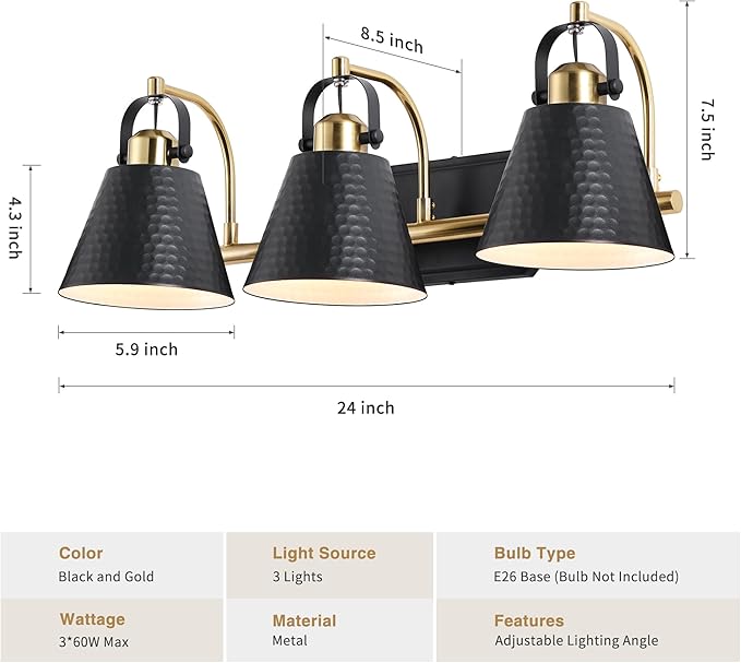 PAZALA Black and Gold Vanity Light, 3-Lights Farmhouse Vanity Light, Bathroom Light Fixtures Over Mirror, 24inch Modern Bathroom Wall lamp for Bath Mirror Living Room Cabinet Bedroom