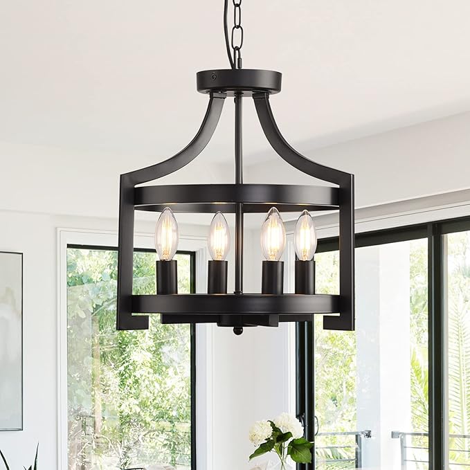 Plug in Chandelier Black Farmhouse Pendant Light Fixture, Adjustable Flush Mount Ceiling Light with 19.6 ft Hanging Cord for Kitchen Island, Dining Room, Living Room, Bedroom, Foyer, Entry