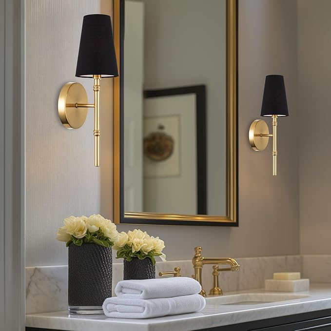 Kira Home Torche II 15" Petit Mid Century Modern Gold Wall Sconce with Tapered Black Linen Shade, Gold Wall Light with Slim Black Cone Shade, Cool Brass Finish
