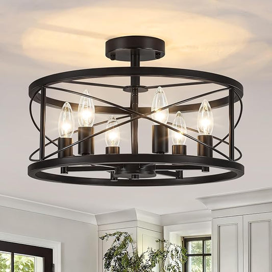 TOULMJ 6-Light Black Semi Flush Mount Ceiling Light, 16.53'' Modern Entryway Light Fixtures, Farmhouse Light Fixtures Flush Mount Chandelier for Kitchen Island Laundry Hallway Dining Room