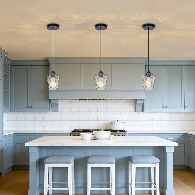 2 Pack 5.1" Mini Black Blown Glass Pendant Lights Kitchen Island Lighting, Small Black Hammered Glass Pendant Light Fixtures, Kitchen Pendant Lights with Hammered Glass Shades for Dining Room Sink