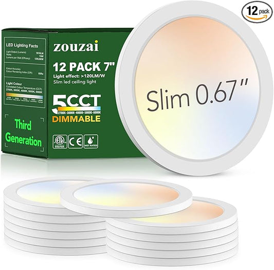 zouzai 7 Inch LED Flush Mount Ceiling Light, Low Profile Flat Round, 15W 1510LM, 5CCT (2700K-6000K), Dimmable, Modern Light Fixtures for Bedroom, Hallway, Kitchen, Closet, Basement, (White,12Pack)