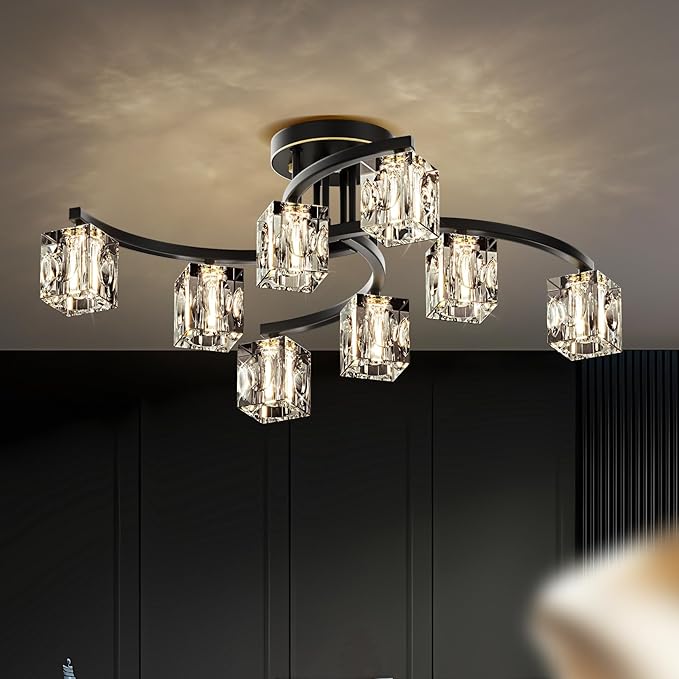 Black Modern Sputnik Chandelier Ceiling Light Fixtures,8-Lights Farmhouse Crystal Semi Flush Mount Ceiling Light for Bedroom Dining Room Living Room Kitchen Hallway