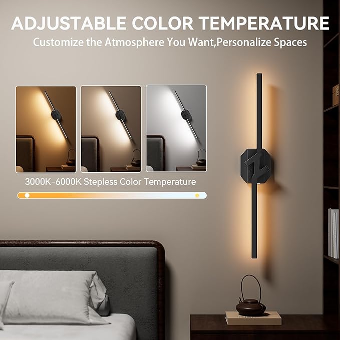 Battery Operated Wall Sconce Set of Two,USB Rechargeable Wall Sconce with Remote Control,3000K-6000K Infinite Dimmable Wall Lamps for Bedroom,Background Wall,Living Room,Hallway,Wall Decor,28inch