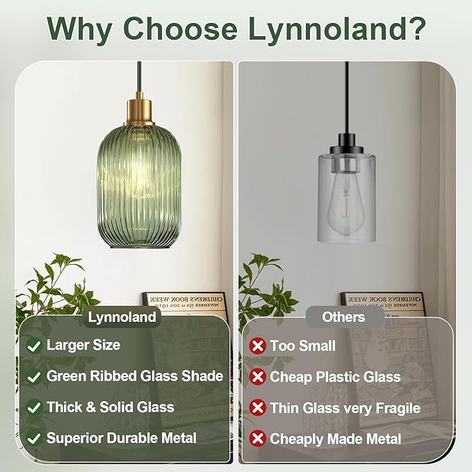 1 Pack Pendant Lights with Vintage Green Ribbed Glass Lampshade, Adjustable Brushed Gold Pendant Lights Fixtures for Kitchen Island Lighting Sink, Dining & Living Room Hallway (Bulbs Not Included)