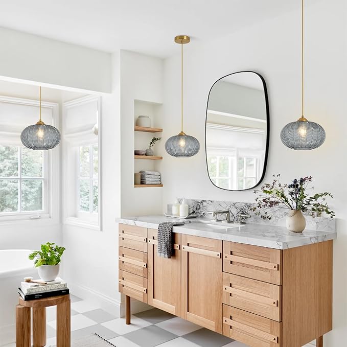 KCO Lighting Large Glass Pendant Lights Kitchen Island Brass Gold Pendant Light Gold Globe Hanging Light Smoked Striped Glass Pendant Light Mid Century Modern Dining Room Light Fixture