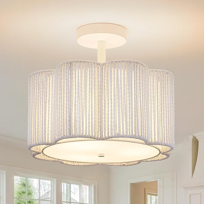 Rattan Semi Flush Mount Ceiling Light, 3-Light Boho Ceiling Lights, Modern Hand-Woven Rattan Boho Light Fixture for Bedroom Living Room Kitchen Hallway and Entryway (White)