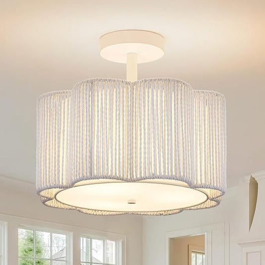 Rattan Semi Flush Mount Ceiling Light, 3-Light Boho Ceiling Lights, Modern Hand-Woven Rattan Boho Light Fixture for Bedroom Living Room Kitchen Hallway and Entryway (White)