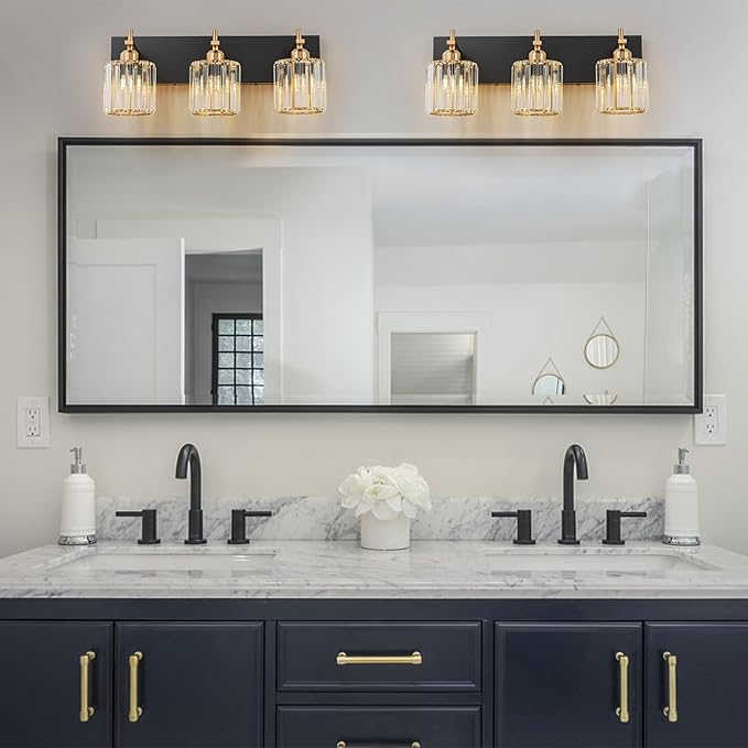 Modern Crystal Bathroom Vanity Lights, 3-Lights Black Gold Bathroom Light Fixtures Over Mirror, Crystal Vanity Light with Polished Gold Finish(Exclude Bulb)