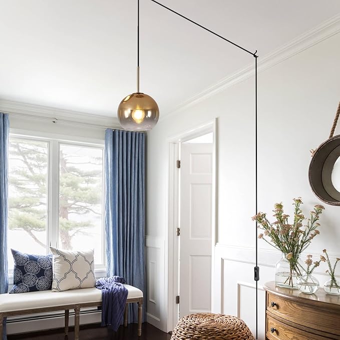 KCO Lighting Mid Century Modern Plug in Pendant Light Gold Glass Globe Pendant Lighting with Adjustable Cord Large Hanging Light Fixture with Plug in Cord for Kitchen Island Dining Room (25cm)