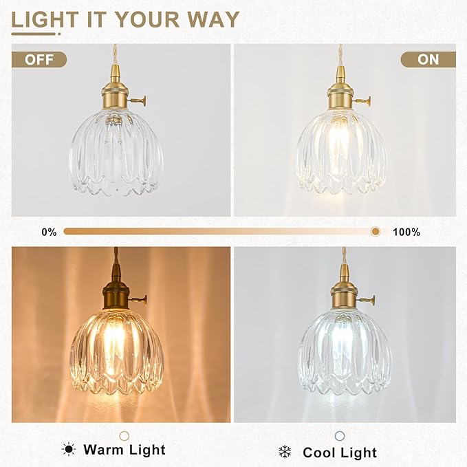 Mini Pendant Lights Kitchen island 3 Pack, Small Adjustable Pendant Light Fixture with Transparent Tulip Glass Lampshade, Vintage Gold Pendant Lighting, Pendant Light for Bedroom Dining Room Hallway