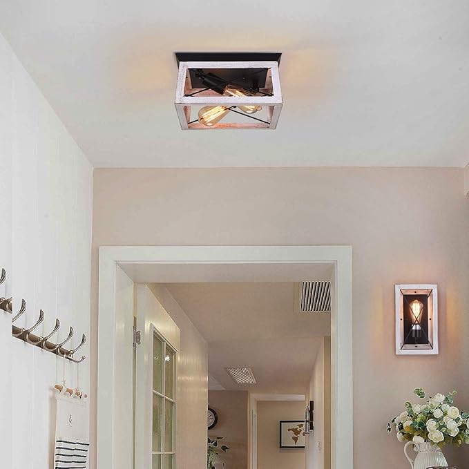 Luupyia 2Light Farmhouse Ceiling Light Fixture Semi Flush Mount, White Ceiling Light Rectangle Rustic Lighting Farmhouse Hallway Lights Fixtures Foyer Lighting for Entryway