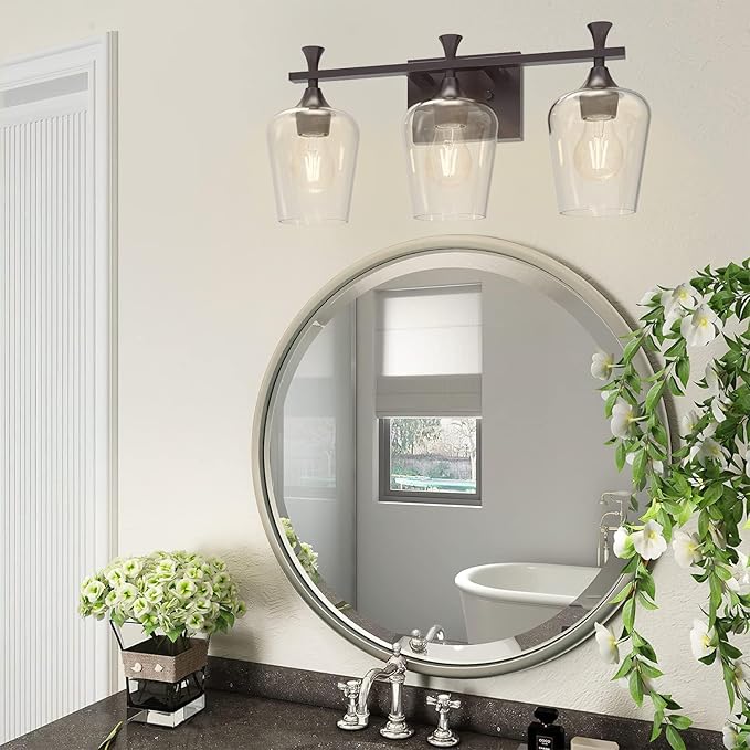 3 Light Bathroom Vanity Light - Black Bathroom Lighting Fixtures Over Mirror, Modern Wall Sconces with Transparent Glass Lampshade for Bedroom Living Room Kitchen Cabinet Stair Hallway