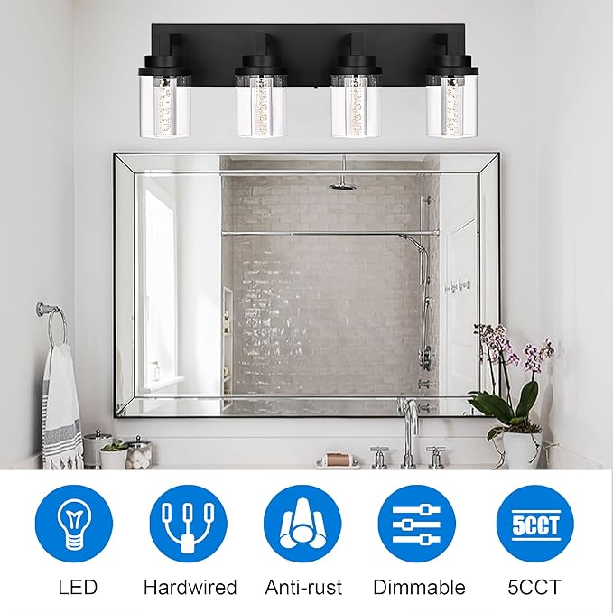 MELUCEE 4-Light 5 Color Dimmable Vanity Lights for Bathroom Bubble Crystal LED Bathroom Lighting Fixtures Over Mirror, Black LED Wall Sconce with Clear Glass Shade, Built-in Led Chips