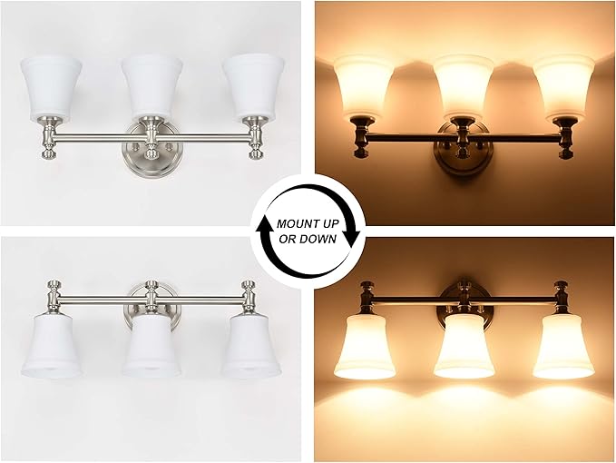Bathroom Vanity Light Fixtures, Traditional Brushed Nickel 3 Lights Wall Sconce Lighting with Opal Glass Shade, Porch Wall Mount Light Fixture for Bathroom, Mirror Cabinets Hallway Stairs
