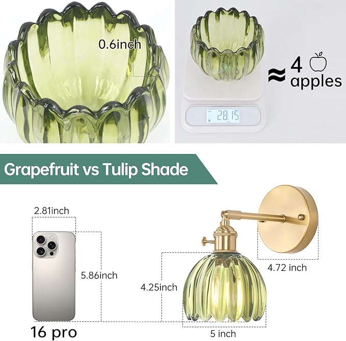 Shenmoyl Vintage Wall Sconces with Green Tulip Glass Lampshade 180 Degree Adjustable Brass Sconces Hradwired Modern Wall Lighting Fixture with Switch for Bedside Bedroom Doorway