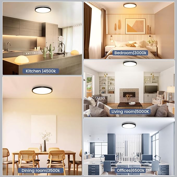 NIORSUN 12 inch Flush Mount LED Ceiling Light Fixture, Dimmable 3000K-6500K Adjustable Black Ceiling Lights, Ultra Thin Round Lamp, 24W Light Fixtures for Bedroom, 2 Pack