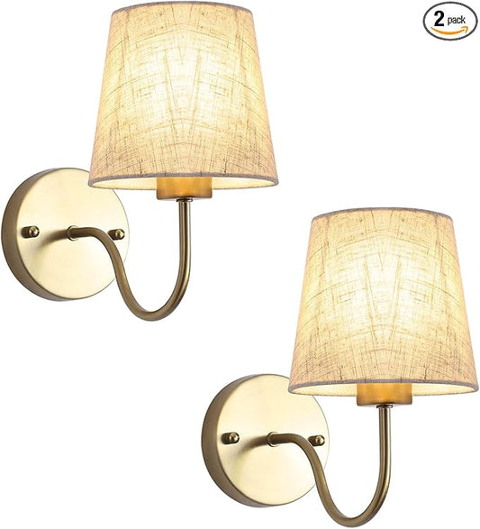 LASENCHOO Gold Wall Sconces Set of Two, Modern Sconces Wall Lighting Vintage Wall Light Fixtures with Fabric Lampshade, Bedside Wall Lamps for Bedroom Living Room Hallway Entryway