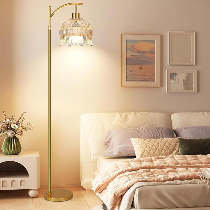 QIYIZM Floor Lamp for Living Room,Bedroom,Gold Dimmable Standing Lamp with Remote,Mid Century Modern Brass Tall Lamp Boho Floor Lamps Arc Stained Glass Tulip Flower Floor Light Lamp Girls Bohemian