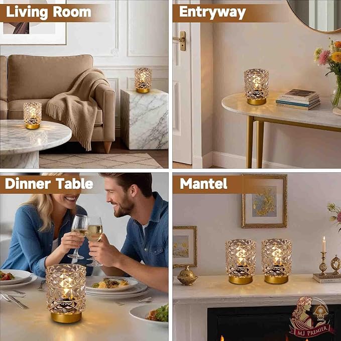Battery Operated Lamp with Timer, Cordless Table Lamps for Shelf Decor, Rhombus Texture Aesthetic Crystal Lamp, Small Decorative Lamps for Bedroom/Bathroom/Kitchen/Entryway/Dorm (2 Pack Clear)