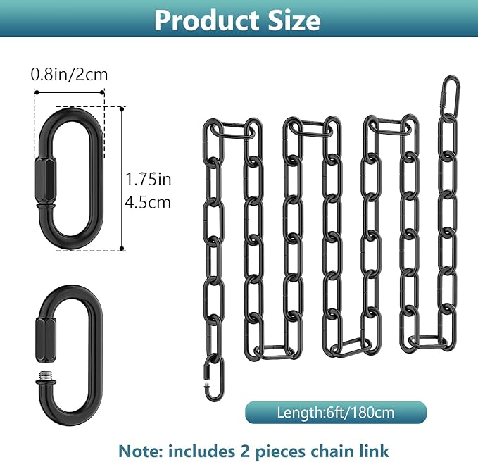 garini 6 Feet Industrial Black Light Fixture Chain, Adjustable Metal Pendant Chandelier Chain Extension with Detachable Link, 4 Pack