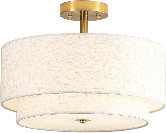 16" Semi Flush Mount Ceiling Light Fixture, 3-Light Black Flush Mount Ceiling Light with Double Drum Fabric Shades for Dining Room Bedroom Kitchen Hallway Living Room, E26 Socket