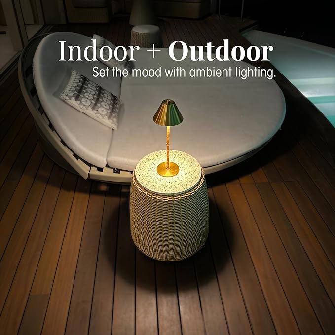Bamboo Cordless LED Table Lamp – Rechargeable 24-Hour Battery, Dimmable Warm Light, 15" Portable Wireless Lamp with Remote for Indoor/Outdoor Use, Home, Patio, Restaurant – Polished Gold