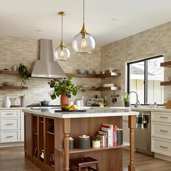 Pendant Lights Kitchen Island: Brushed Gold Light Fixture Farmhouse with Clear Glass - 10 Inch Mid Century Globe Kitchen Lighting Fixtures Ceiling for Dining Room
