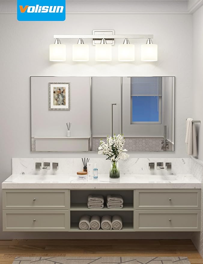 VOLISUN Brushed Nickel Bathroom Light Fixtures, 5-Light Bathroom Vanity Lights Over Mirror, Modern Vanity Light for Bathrooms, Bathrooms Lights Fixtures Over Mirror with Milky White Glass Shades
