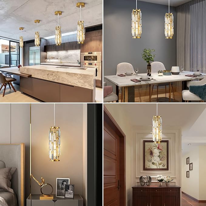 LMQNINE Pendant Lights Modern Gold Pendant Light Mini Crystal Chandelier Pendant Lighting for Kitchen Island Dinning Room Bedroom Kitchen Sink Lighting (Gold 3-Pack)
