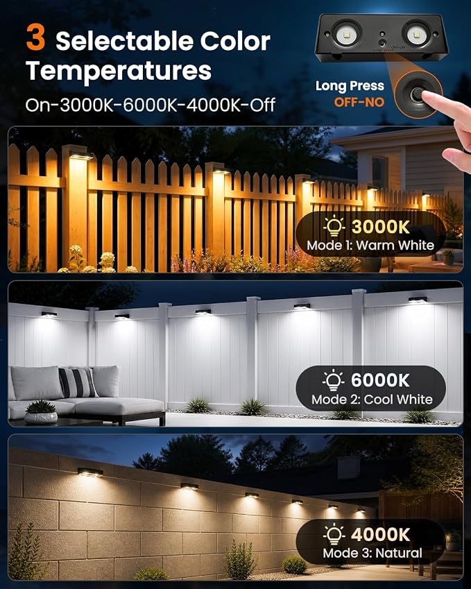 JOFIOS Fence Lights Solar Powered, 3000/4000/6000K 3 Modes Solar Lights for Fence Waterproof IP65 Dusk-to-Dawn LED Deck Lighting for Patio, Railing, Pool, Porch, Backyard, Wall, 8 Pack